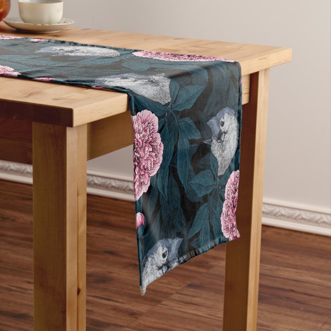Birds and pink peony flowers with leaves short table runner (In Situ)