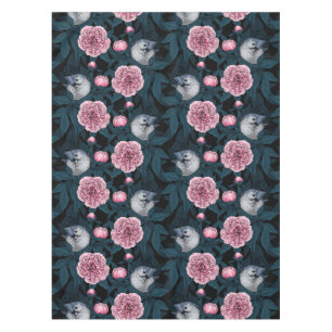 Birds and pink peony flowers with leaves tablecloth