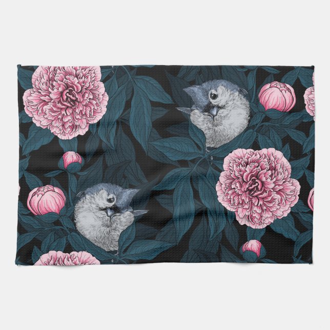 Birds and pink peony flowers with leaves tea towel (Horizontal)
