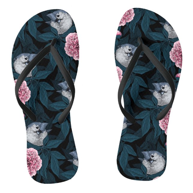 Birds and pink peony flowers with leaves thongs (Footbed)