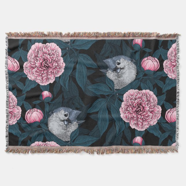 Birds and pink peony flowers with leaves throw blanket (Front)