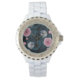Birds and pink peony flowers with leaves watch