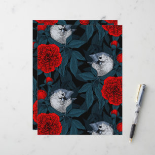 Birds and red peony flowers with blue leaves