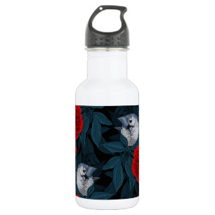 Birds and red peony flowers with blue leaves 532 ml water bottle