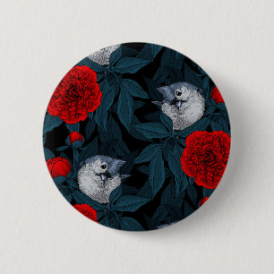 Birds and red peony flowers with blue leaves 6 cm round badge