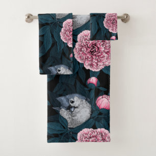 Birds and red peony flowers with blue leaves bath towel set