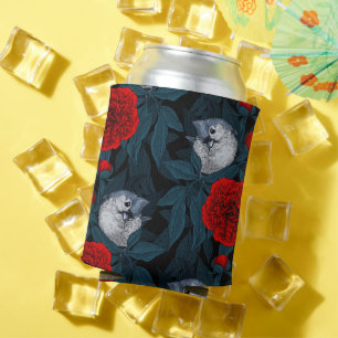 Birds and red peony flowers with blue leaves can cooler