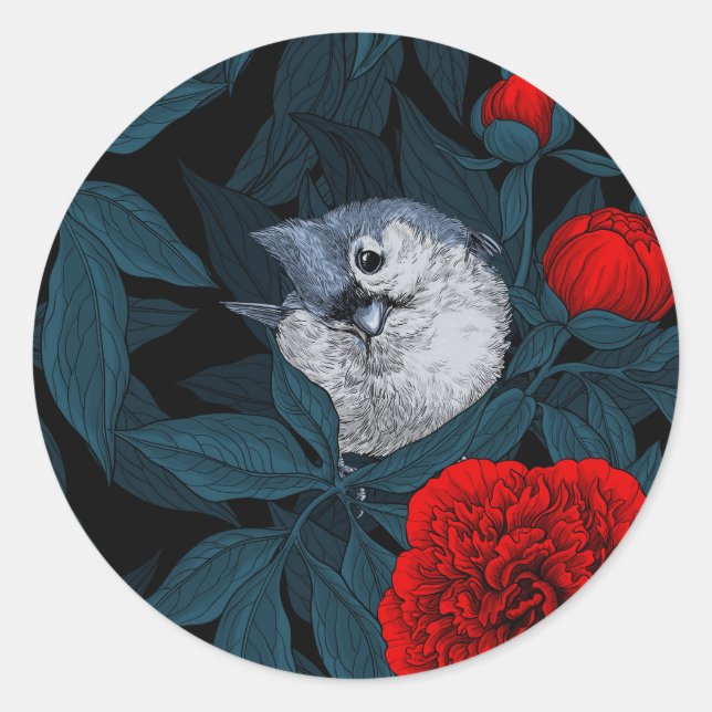 Birds and red peony flowers with blue leaves classic round sticker (Front)
