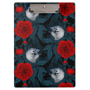 Birds and red peony flowers with blue leaves clipboard