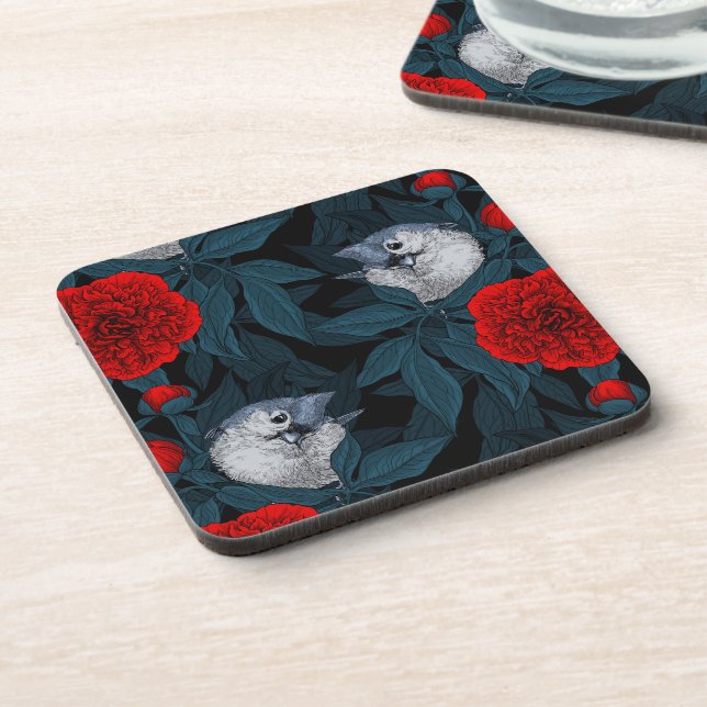 Birds and red peony flowers with blue leaves coaster (Left Side)