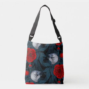 Birds and red peony flowers with blue leaves crossbody bag