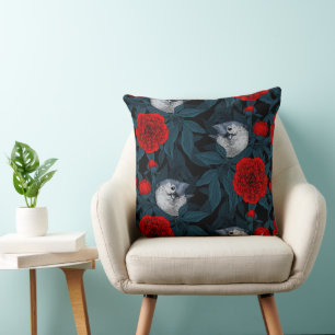 Birds and red peony flowers with blue leaves cushion
