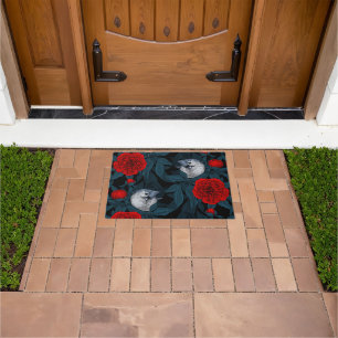 Birds and red peony flowers with blue leaves doormat