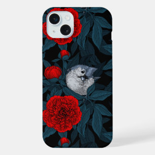 Birds and red peony flowers with blue leaves iPhone 15 plus case