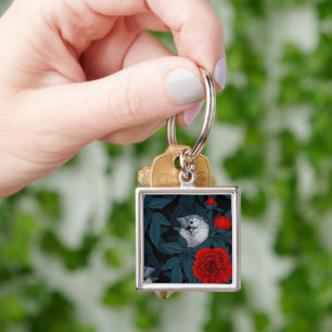 Birds and red peony flowers with blue leaves key ring