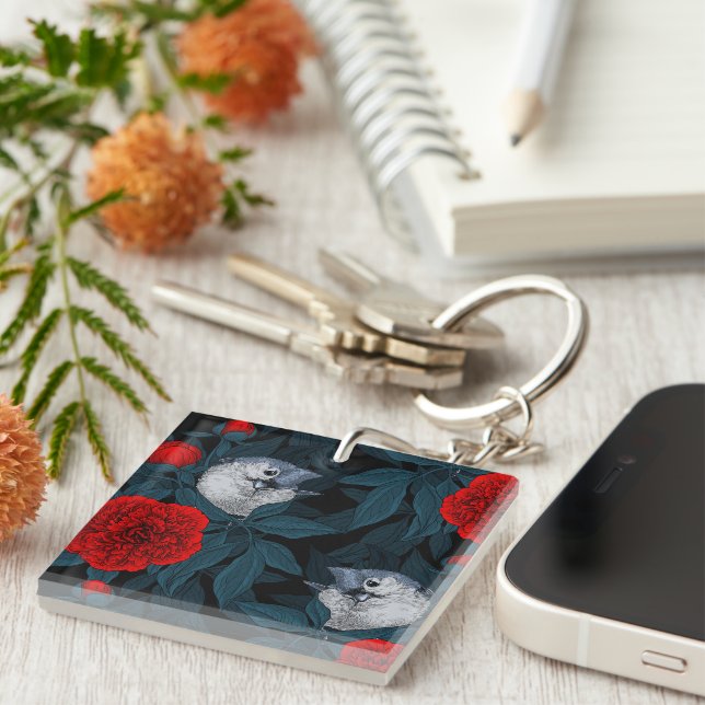Birds and red peony flowers with blue leaves key ring (Front Right)