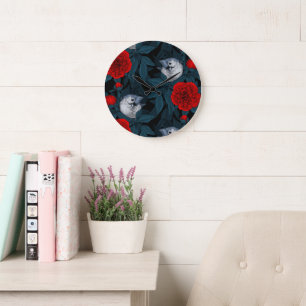 Birds and red peony flowers with blue leaves large clock
