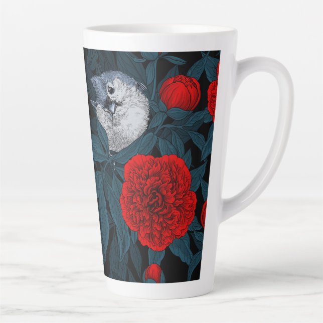 Birds and red peony flowers with blue leaves latte mug (Right)