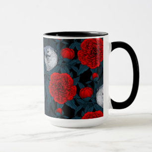 Birds and red peony flowers with blue leaves mug