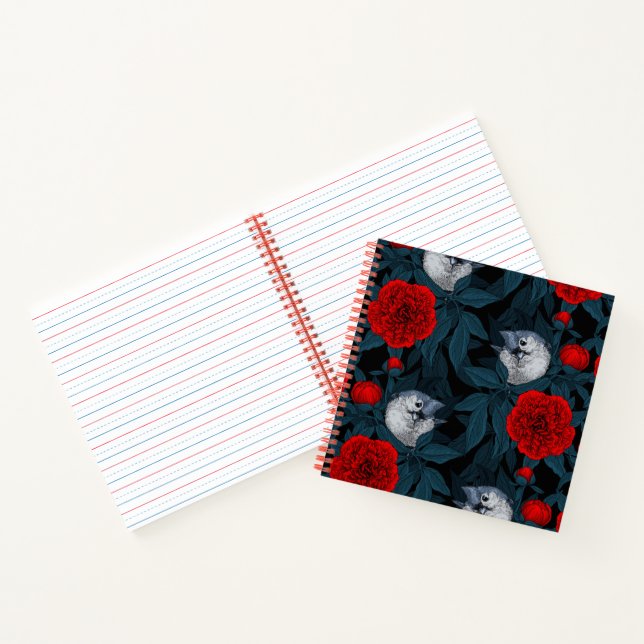 Birds and red peony flowers with blue leaves notebook (Inside)