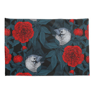 Birds and red peony flowers with blue leaves pillowcase