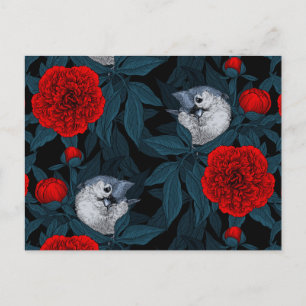 Birds and red peony flowers with blue leaves postcard