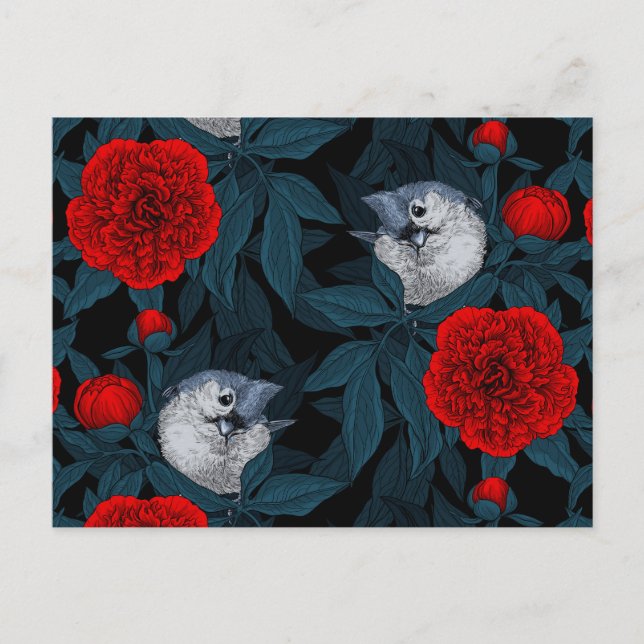 Birds and red peony flowers with blue leaves postcard (Front)