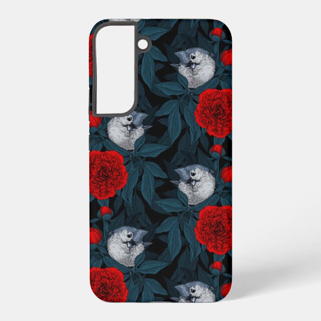 Birds and red peony flowers with blue leaves samsung galaxy s22+ case (Back)