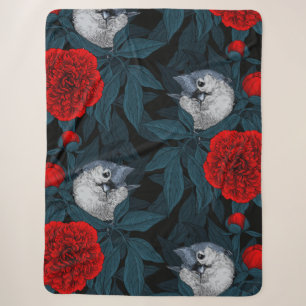 Birds and red peony flowers with blue leaves sherpa blanket