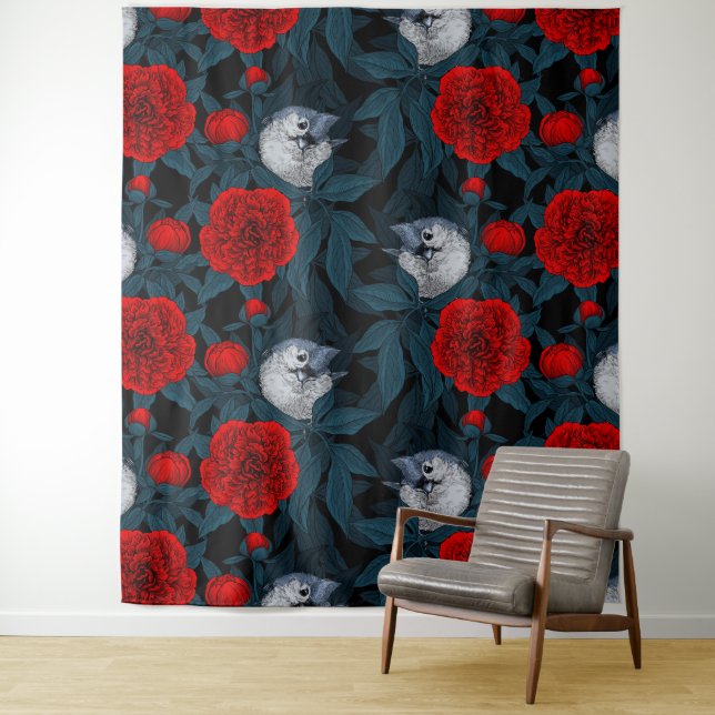 Birds and red peony flowers with blue leaves tapestry (In Situ)
