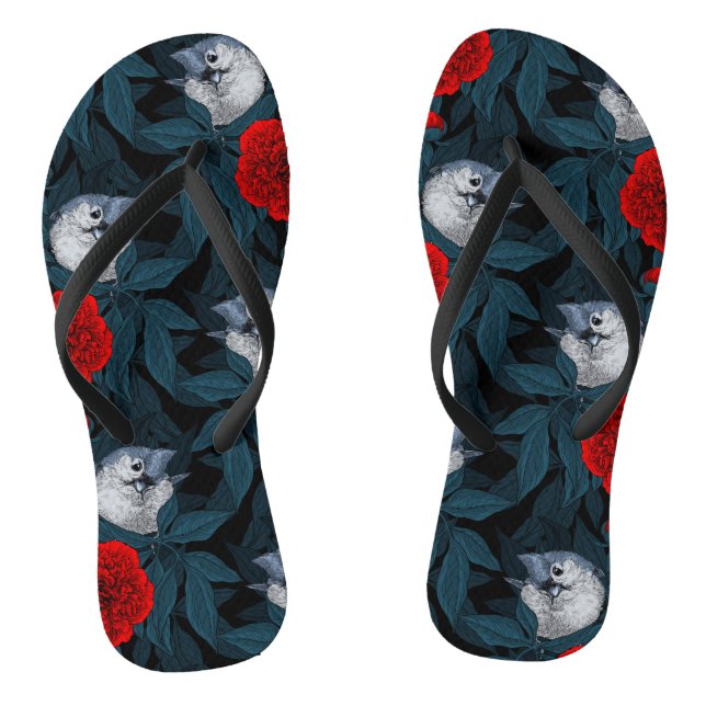 Birds and red peony flowers with blue leaves thongs (Footbed)