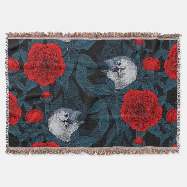 Birds and red peony flowers with blue leaves throw blanket (Front)