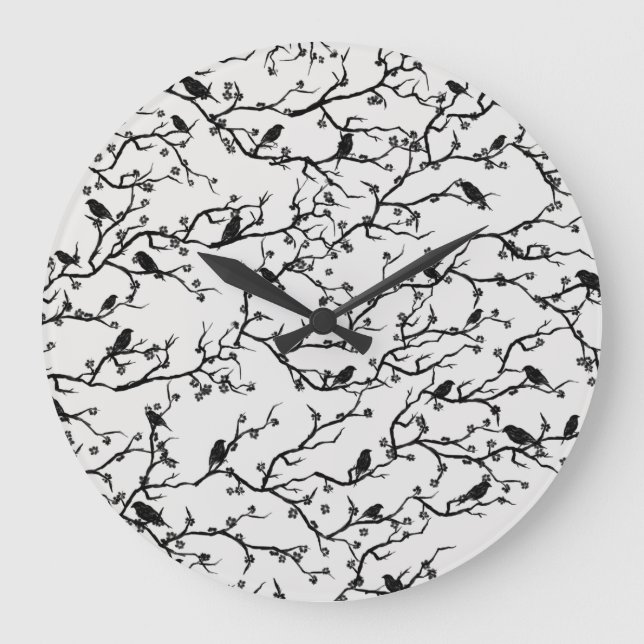 Birds and Sakura Branches Japanese Painting Large Clock (Front)