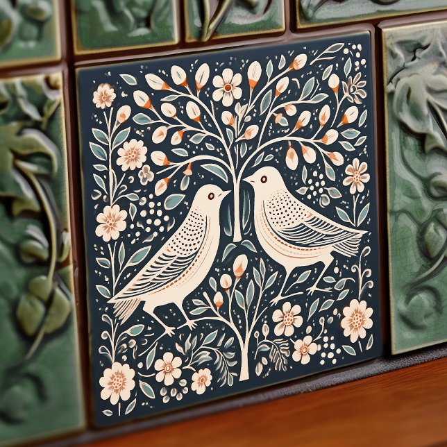 Birds and Tree of Life Blue Orange Art Nouveau Ceramic Tile (Creator Uploaded)