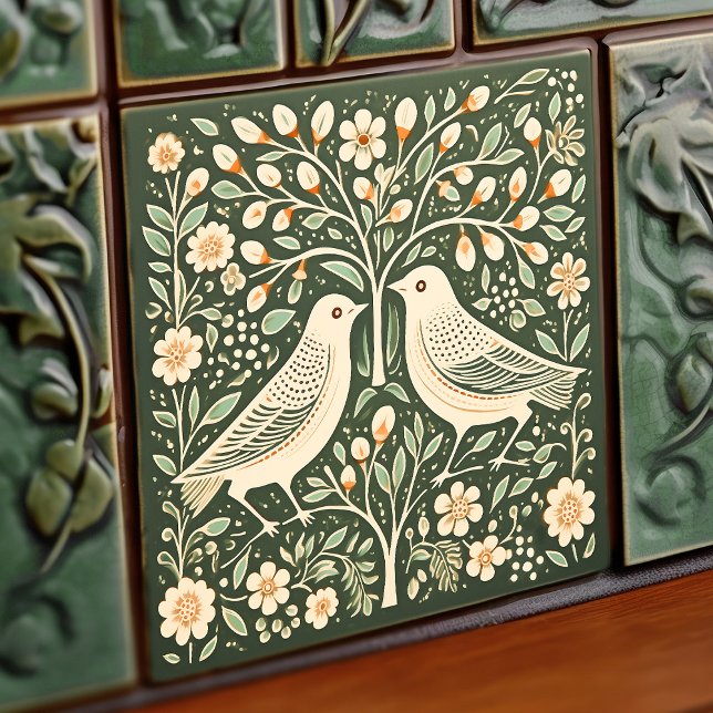 Birds and Tree of Life Green Art Nouveau Ceramic Tile (Creator Uploaded)
