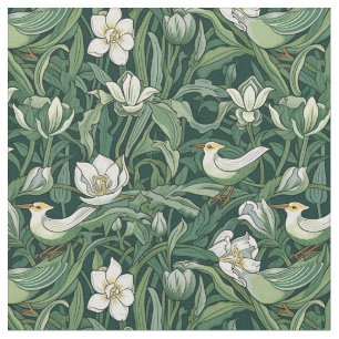 Birds and Tulips Green Art Nouveau Fabric