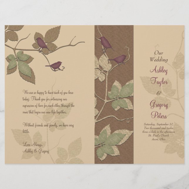 Birds and Vines Fall Wedding Program (Front)