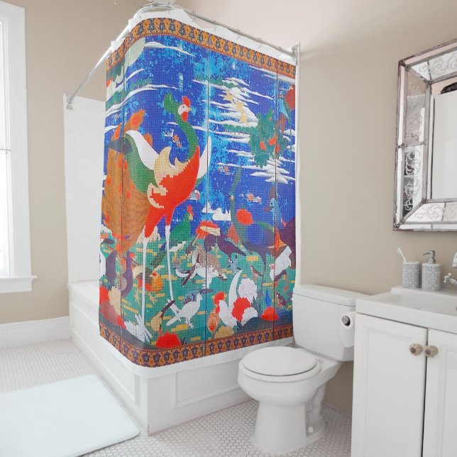 Birds, Animals, and Flowering Plants(Left) Jakuchū Shower Curtain (In Situ)