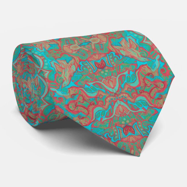 Birds Arabesque Bohemian Boho Turquoise Pattern Tie (Rolled)