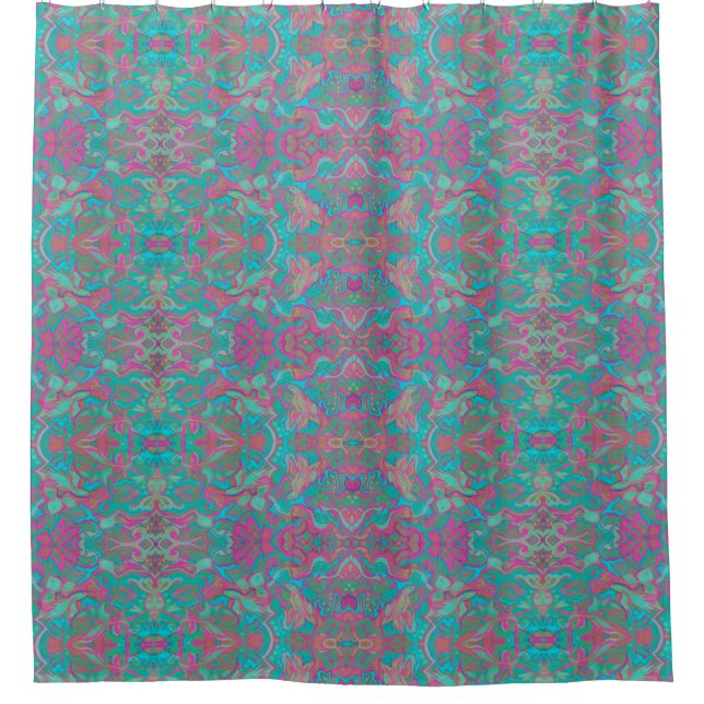 Birds Arabesque Bohemian Pattern Turquoise Pink Shower Curtain (Front)
