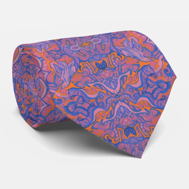 Birds Arabesque Bohemian Pink Blue Orange Pattern  Tie (Rolled)
