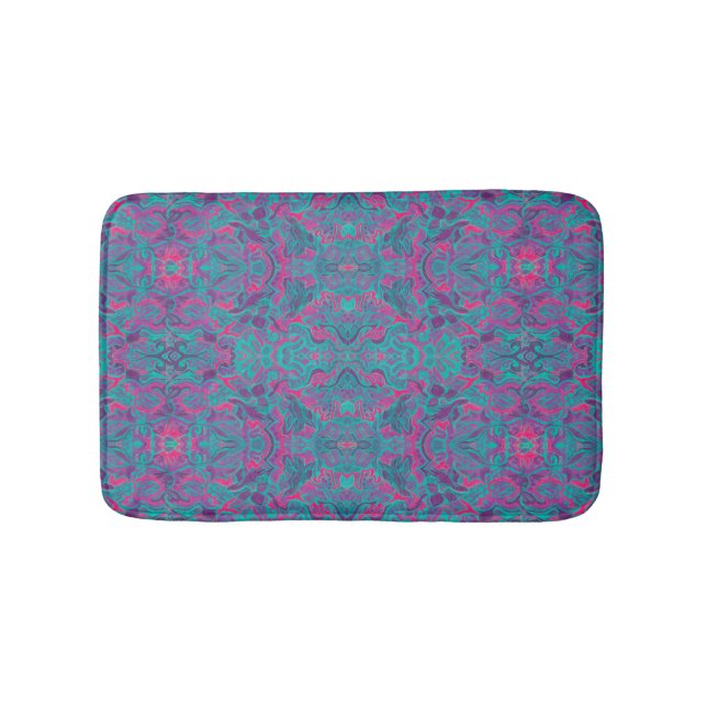 Birds Arabesque Bohemian Turquoise Purple Fuchsia Bath Mat (Front)