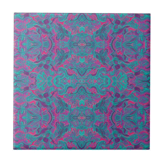 Birds Arabesque Bohemian Turquoise Purple Fuchsia Ceramic Tile (Front)