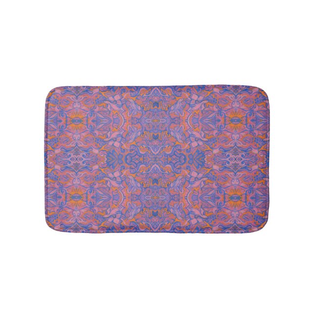 Birds Arabesque Oriental Bohemian Boho Blue Orange Bath Mat (Front)