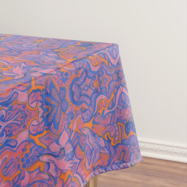 Birds Arabesque Oriental Bohemian Boho Blue Orange Tablecloth (In Situ)