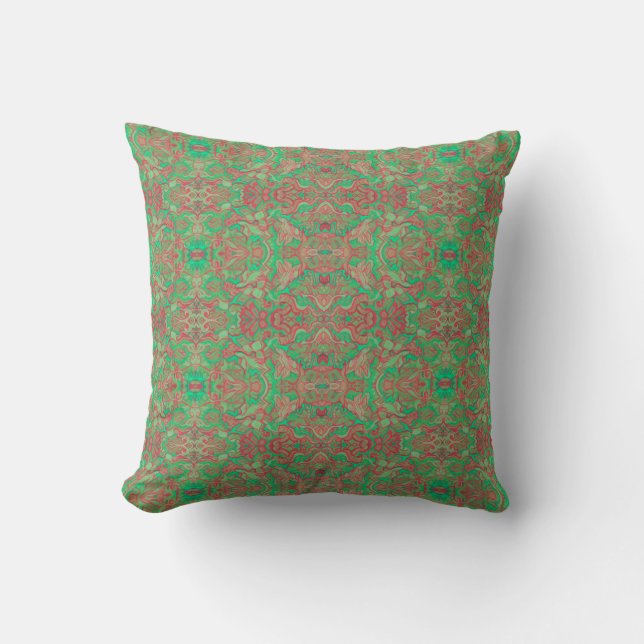 Birds Arabesque Oriental Bohemian Boho Red Green Cushion (Front)