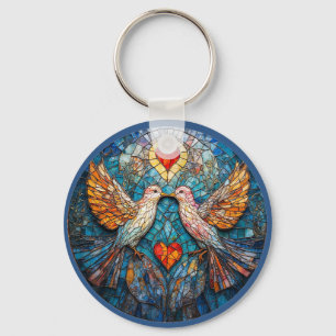 Birds Artistic Mosaic and Hearts Displaying Love Key Ring