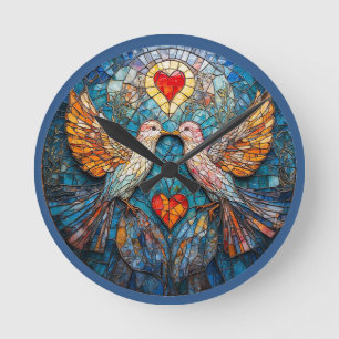 Birds Artistic Mosaic and Hearts Displaying Love Round Clock