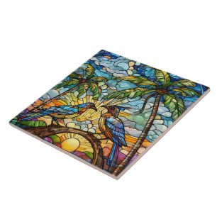 Birds at Sunrise Stained glass art Ceramic Tile