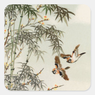 Birds Bamboo Asian Japanese Vintage Square Sticker